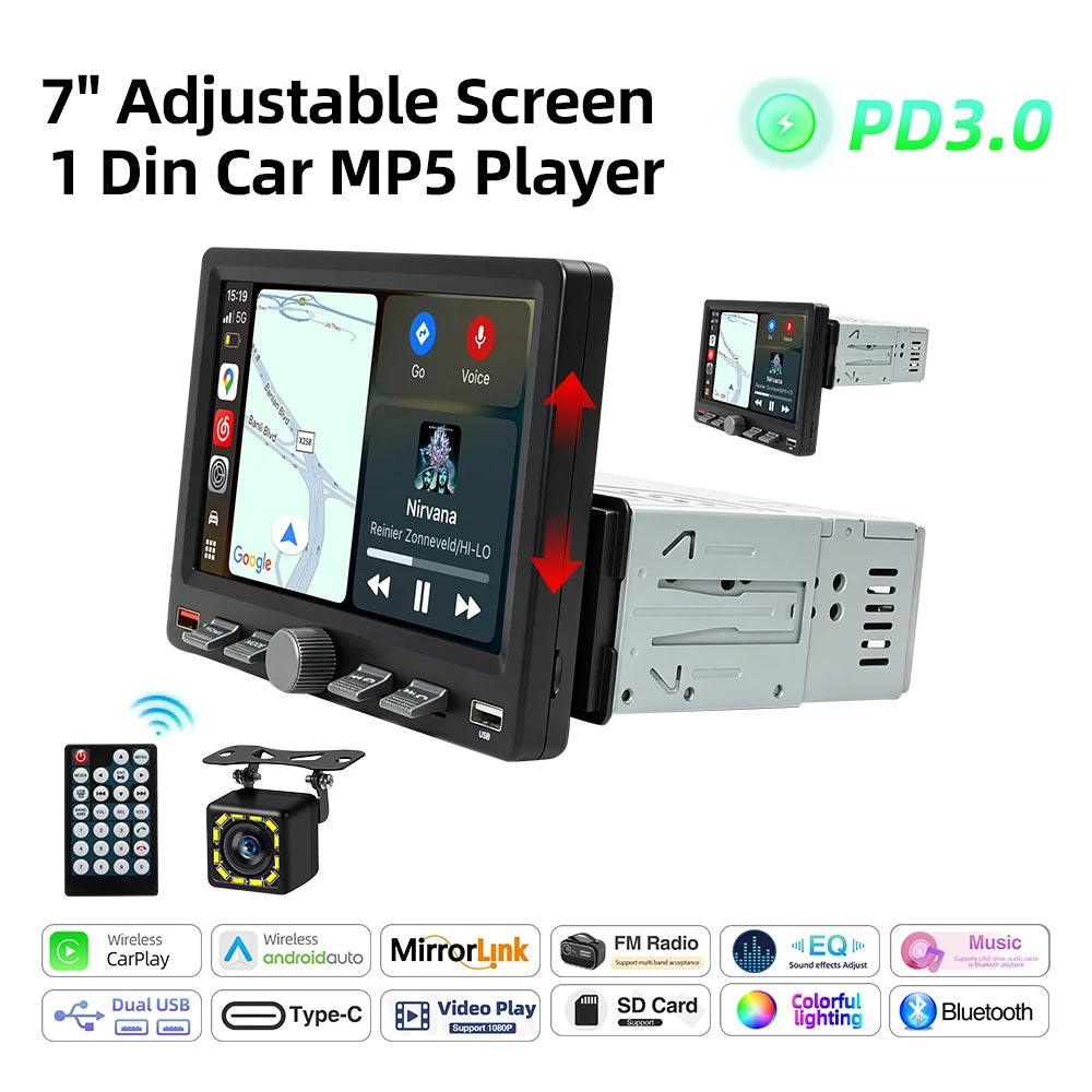 1-DIN autoradio met verstelbaar scherm en draadloze CarPlay