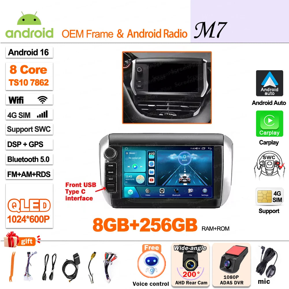 Android-autoradio met draadloze CarPlay voor Peugeot 208 / 2008 (2014–2018)