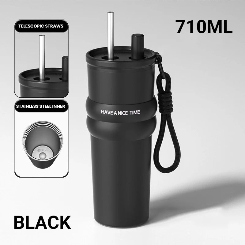 RVS thermosfles met rietje (ca. 750 ml)
