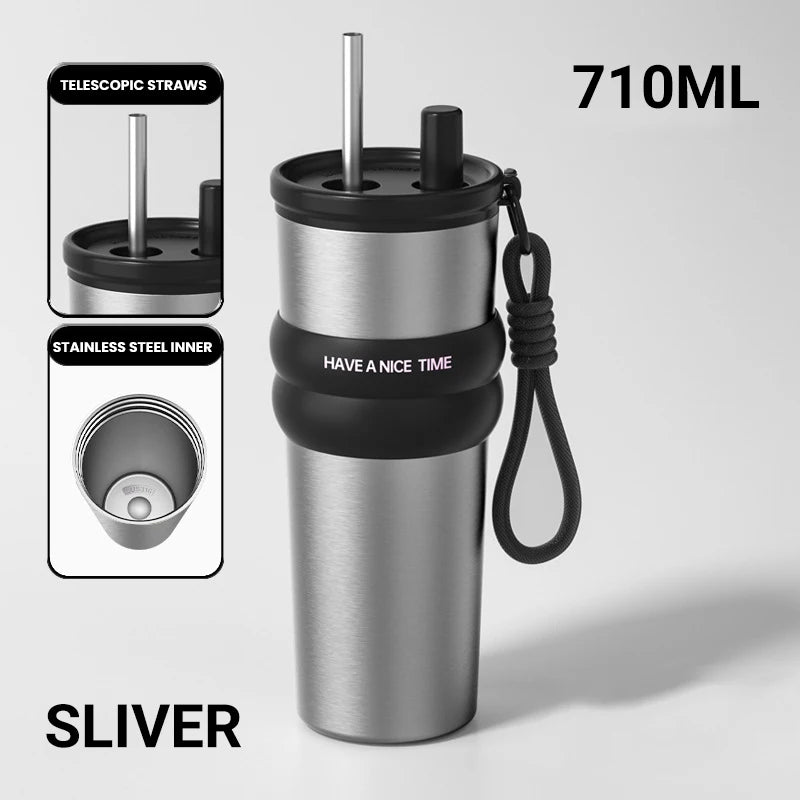 RVS thermosfles met rietje (ca. 750 ml)