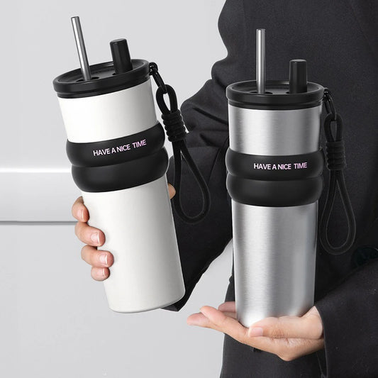 RVS thermosfles met rietje (ca. 750 ml)