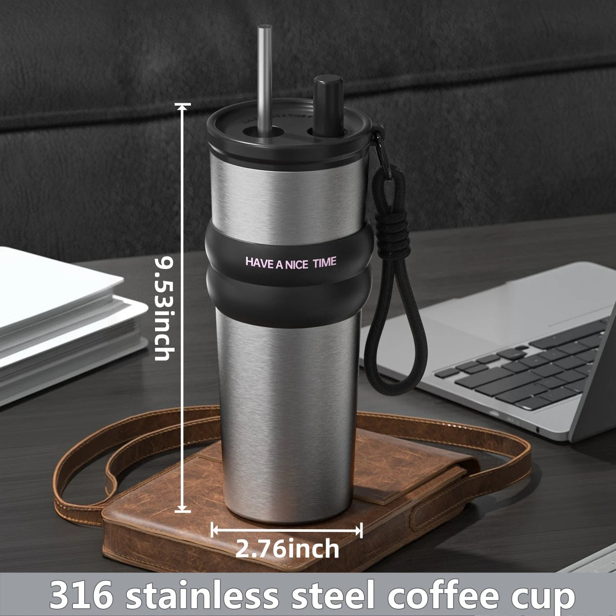 RVS thermosfles met rietje (ca. 750 ml)