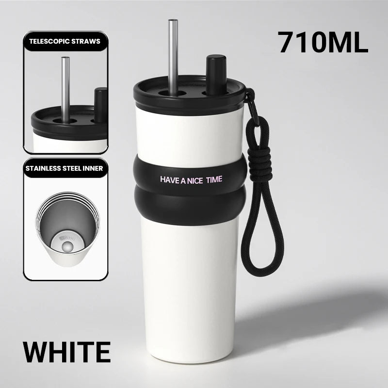 RVS thermosfles met rietje (ca. 750 ml)