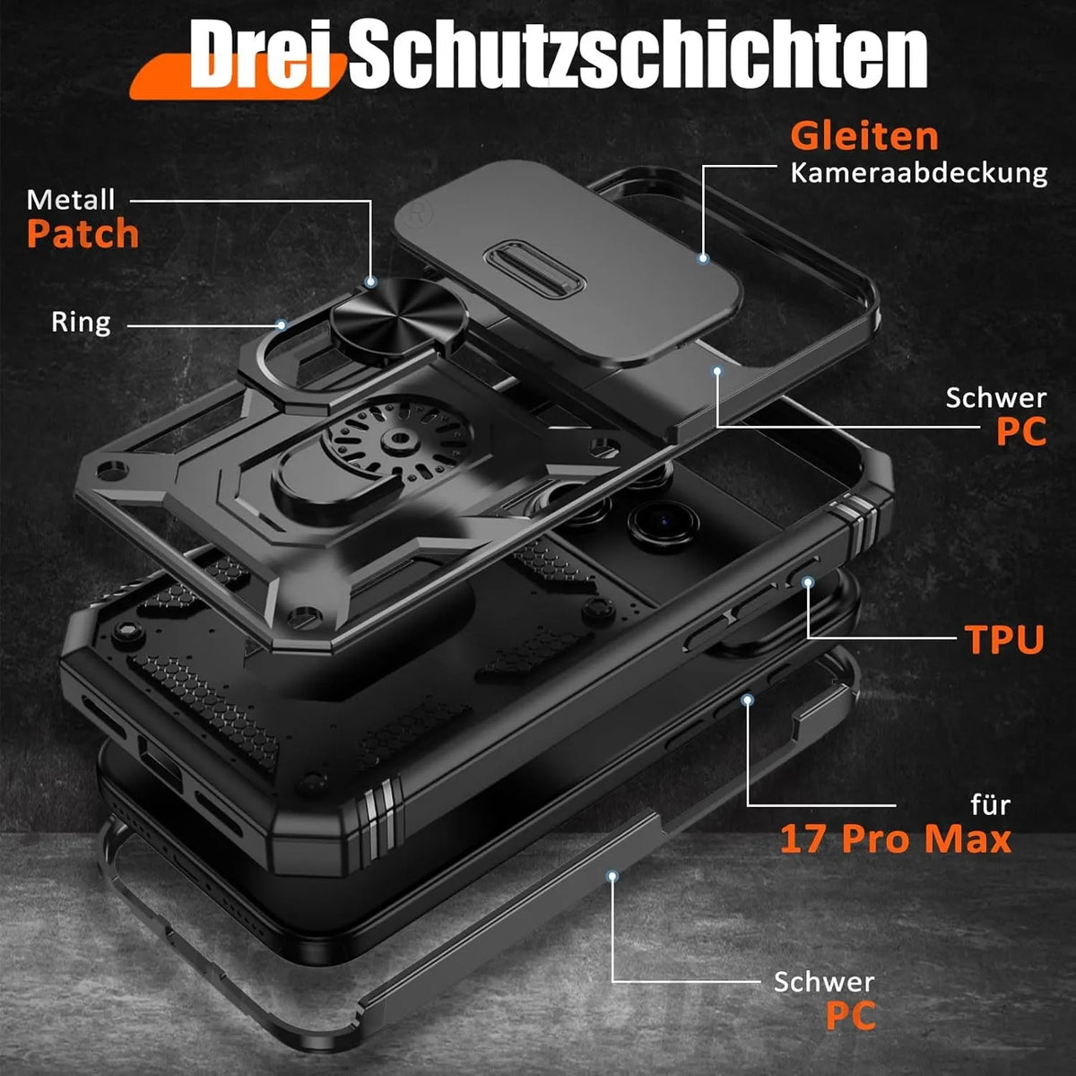 Heavy-duty hoesje met cameraschuif en ringstandaard – iPhone 17 & 18 Pro Max