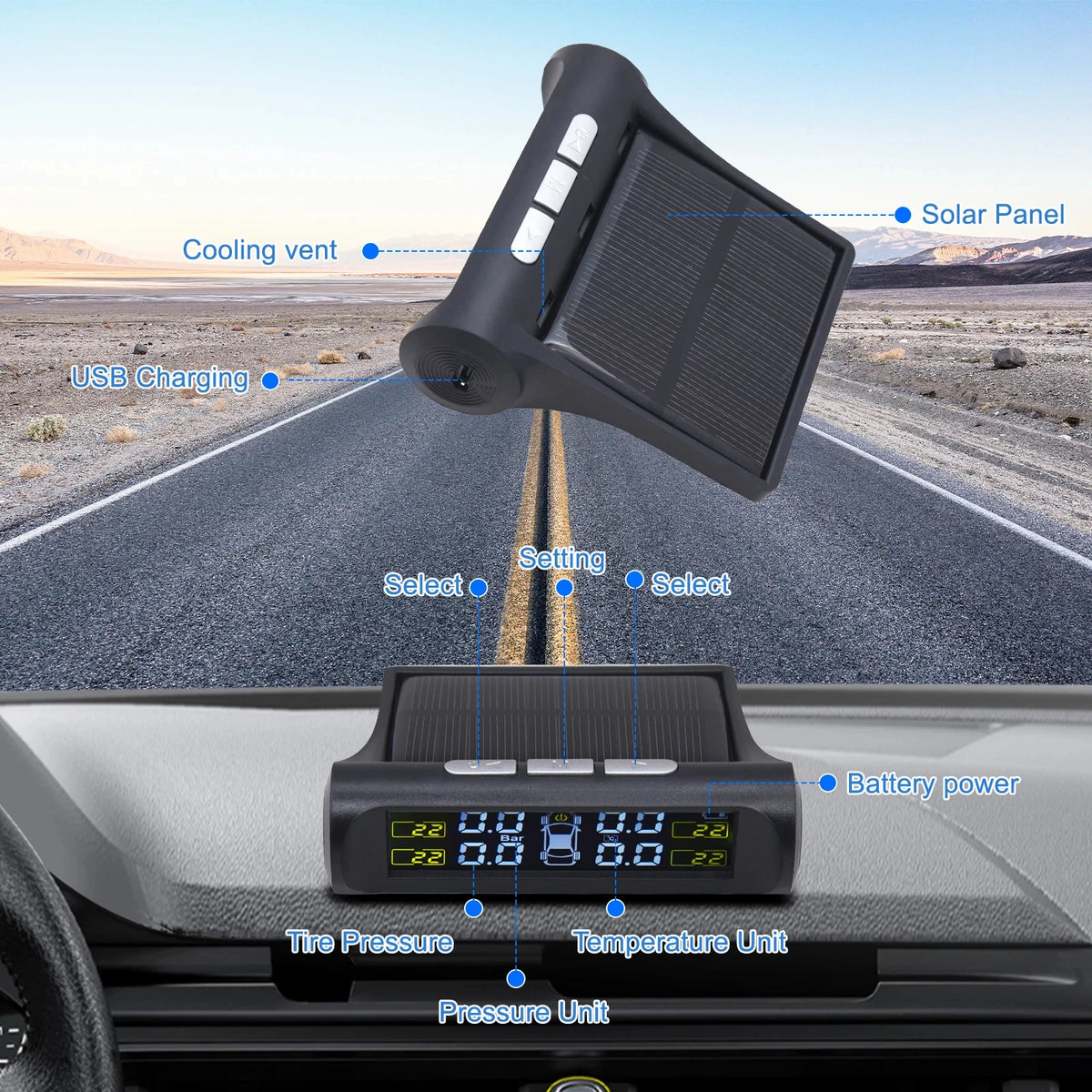 Bandenspanningsmeter op zonne-energie (TPMS)