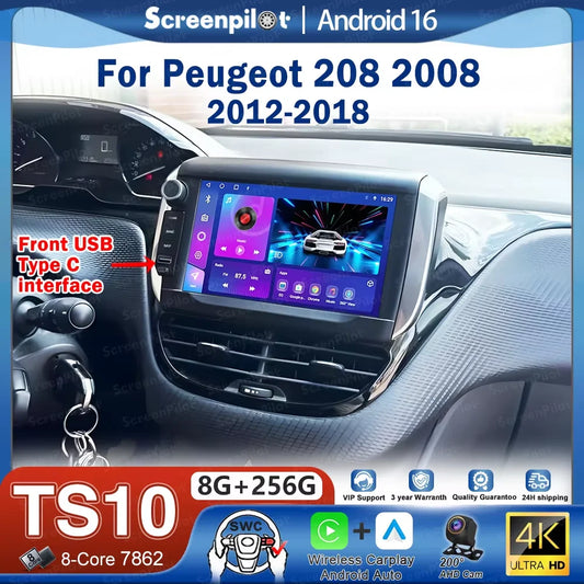 Android-autoradio met draadloze CarPlay voor Peugeot 208 / 2008 (2014–2018)