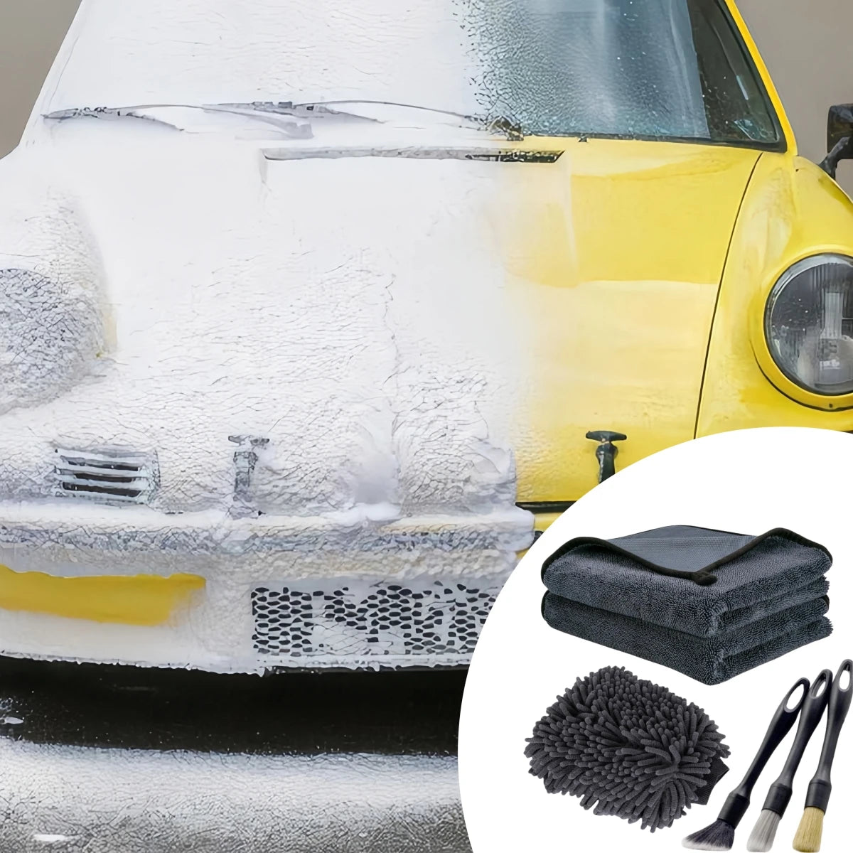 Autowasset met washandschoen, borstels en handdoek