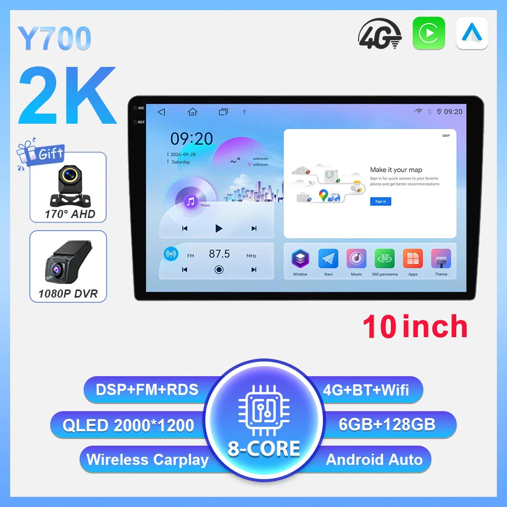 2-DIN Android autoradio met draadloze CarPlay (9"/10")