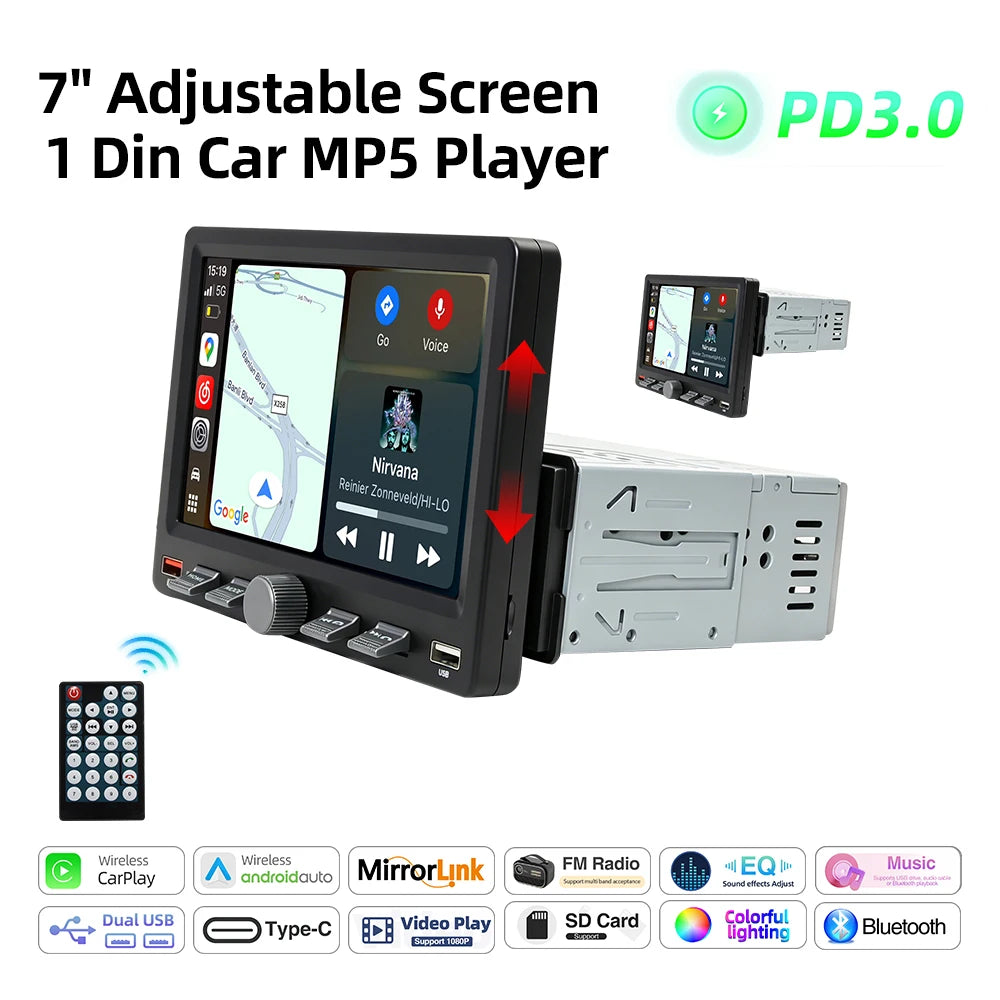 1-DIN autoradio met verstelbaar scherm en draadloze CarPlay