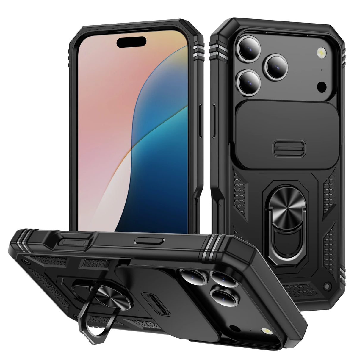 Heavy-duty hoesje met cameraschuif en ringstandaard – iPhone 17 & 18 Pro Max