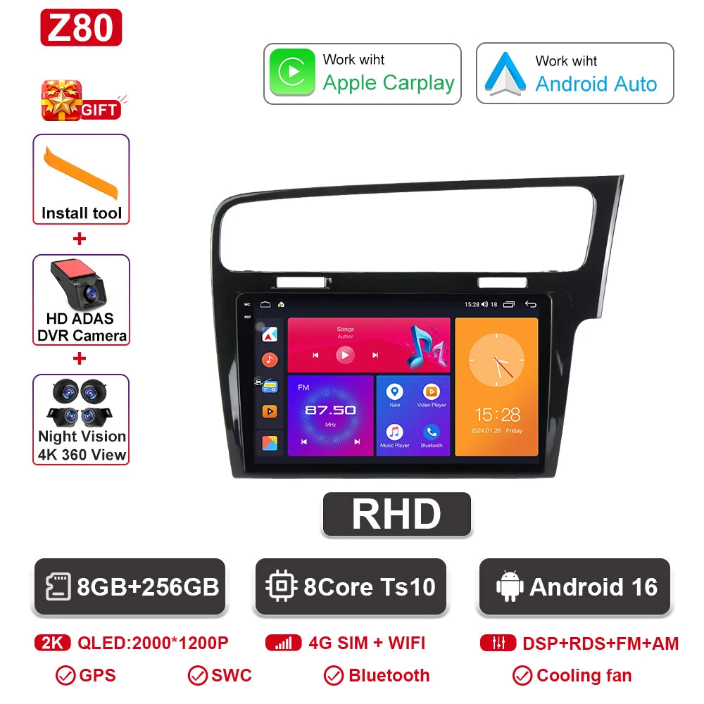 Android-autoradio met CarPlay voor VW Golf 7 / 7.5 (2012–2021)
