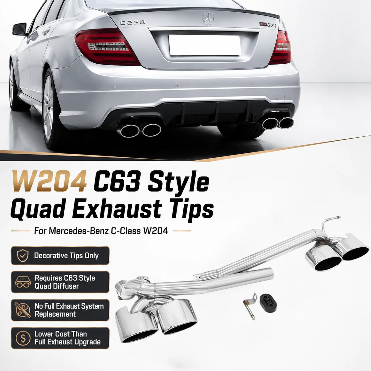 C63 AMG-look quad uitlaat met bumperdiffuser voor Mercedes C-Klasse W204