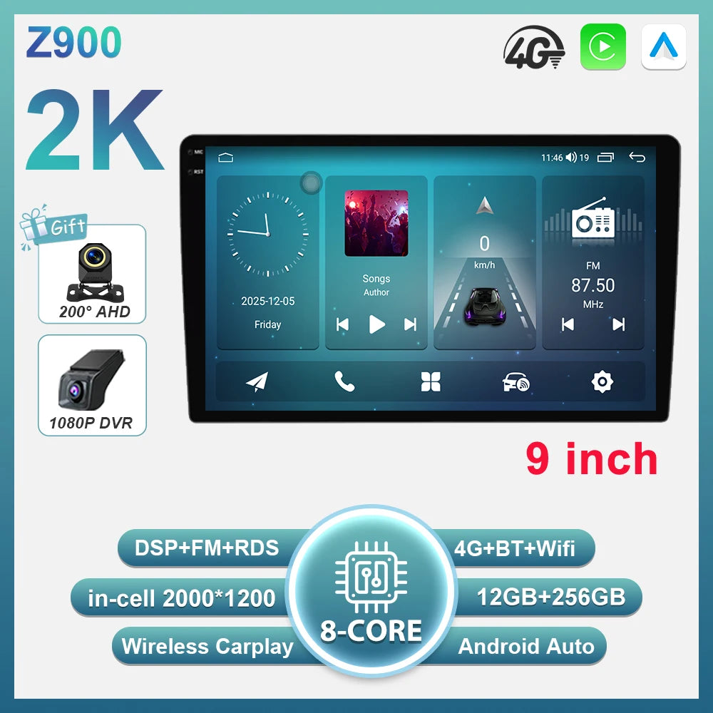 2-DIN Android autoradio met draadloze CarPlay (9"/10")