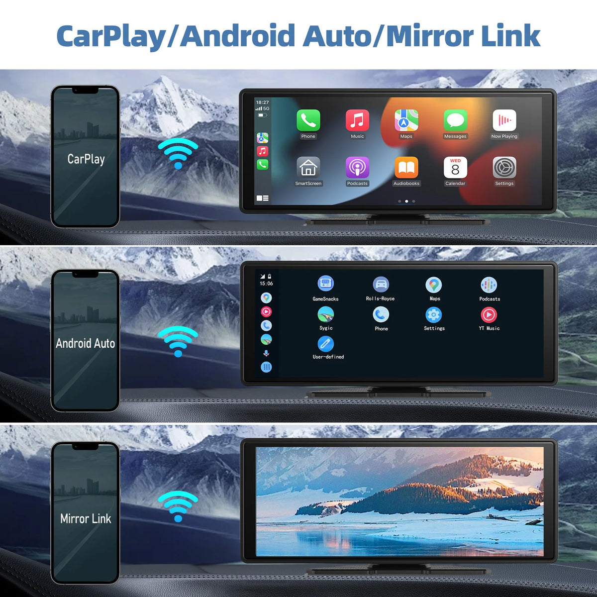 Draagbaar draadloos CarPlay- en Android Auto-scherm