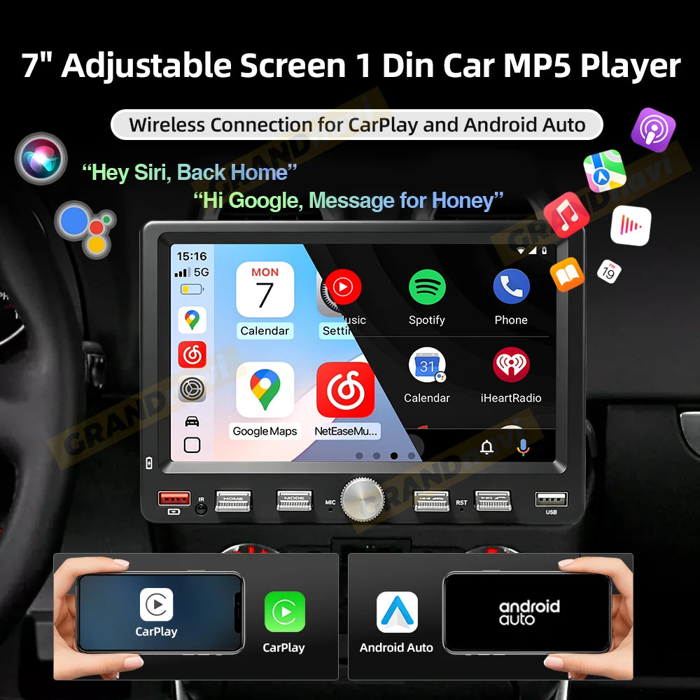 1-DIN autoradio met verstelbaar scherm en draadloze CarPlay