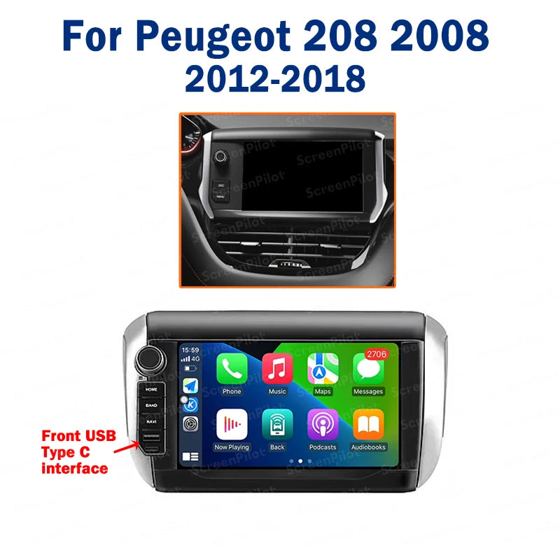Android-autoradio met draadloze CarPlay voor Peugeot 208 / 2008 (2014–2018)