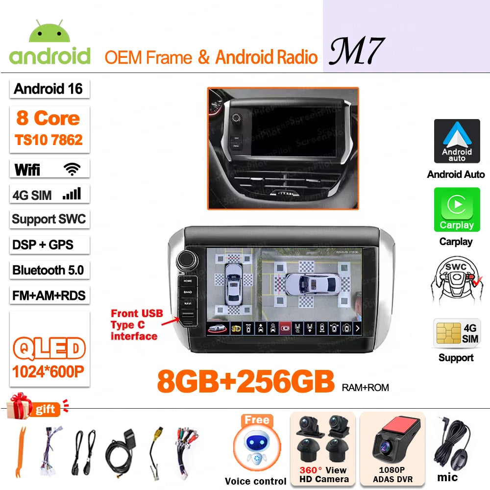 Android-autoradio met draadloze CarPlay voor Peugeot 208 / 2008 (2014–2018)