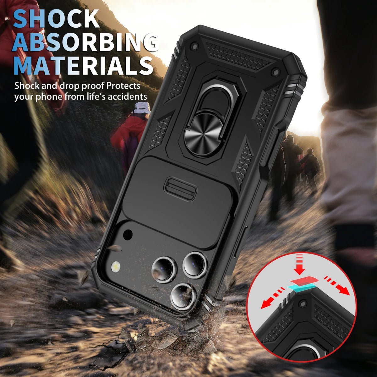 Heavy-duty hoesje met cameraschuif en ringstandaard – iPhone 17 & 18 Pro Max