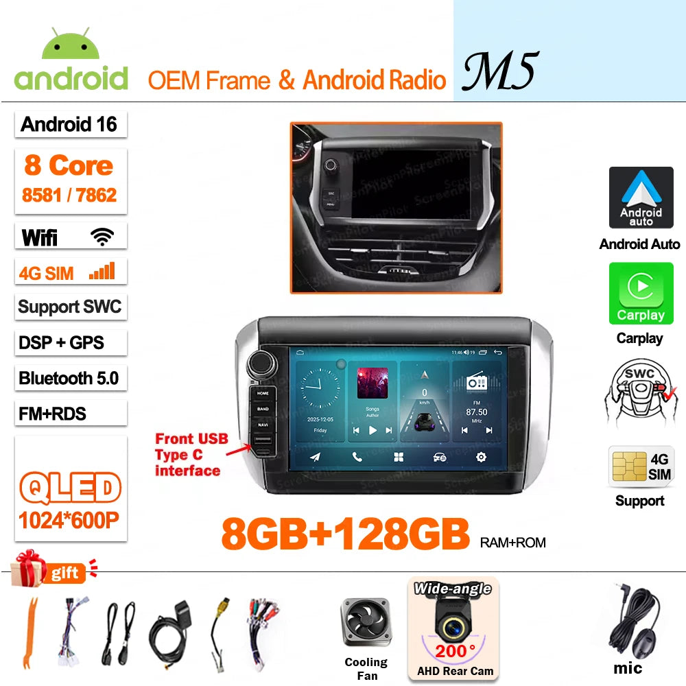 Android-autoradio met draadloze CarPlay voor Peugeot 208 / 2008 (2014–2018)