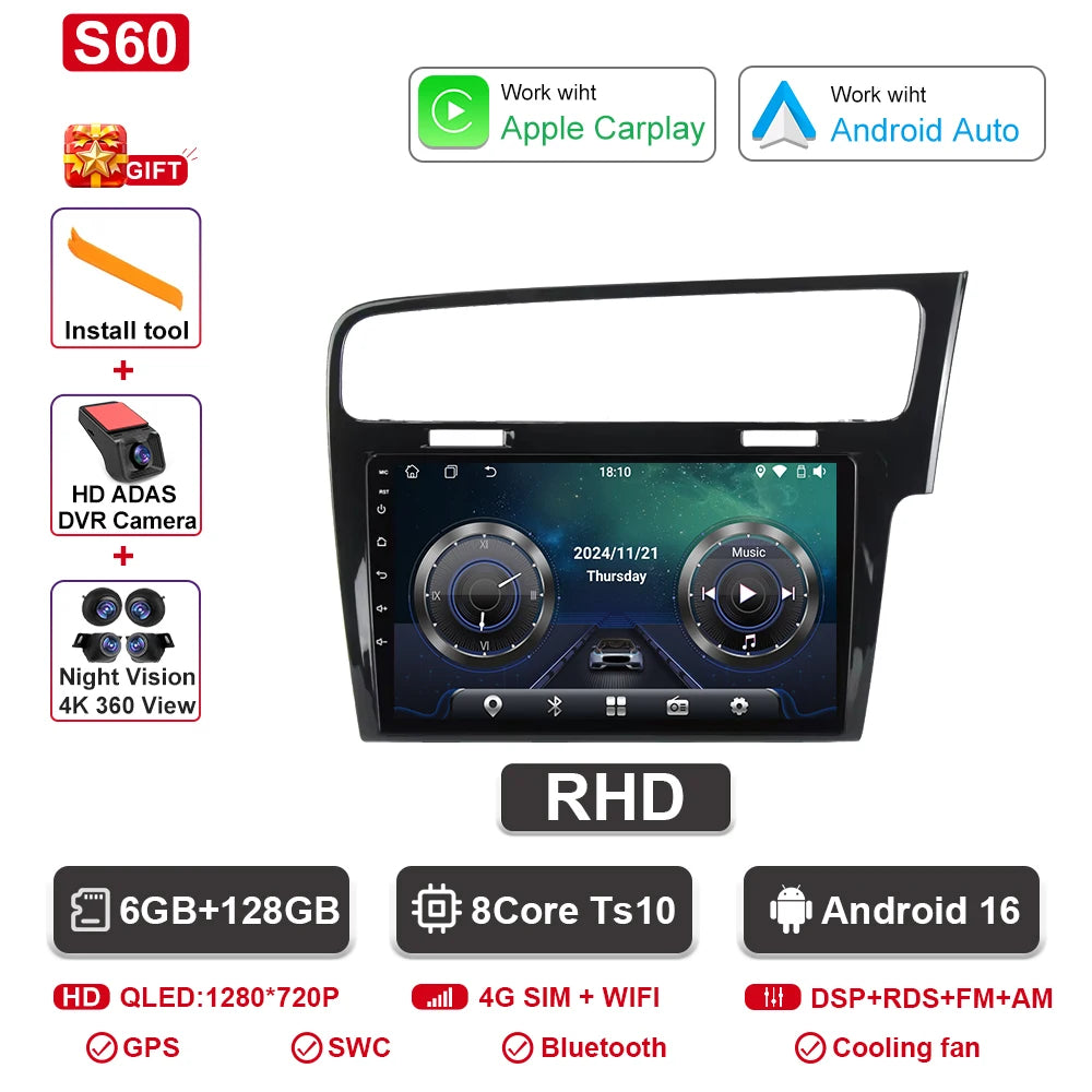 Android-autoradio met CarPlay voor VW Golf 7 / 7.5 (2012–2021)