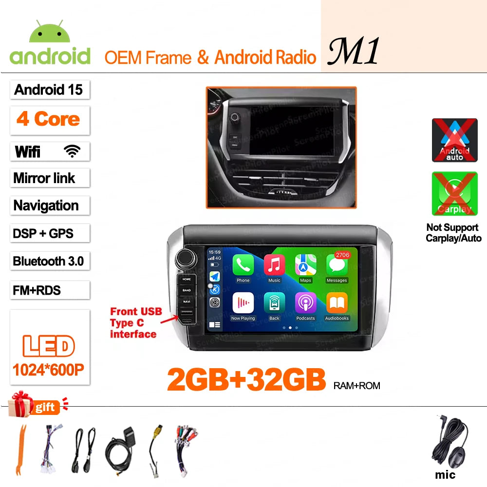 Android-autoradio met draadloze CarPlay voor Peugeot 208 / 2008 (2014–2018)