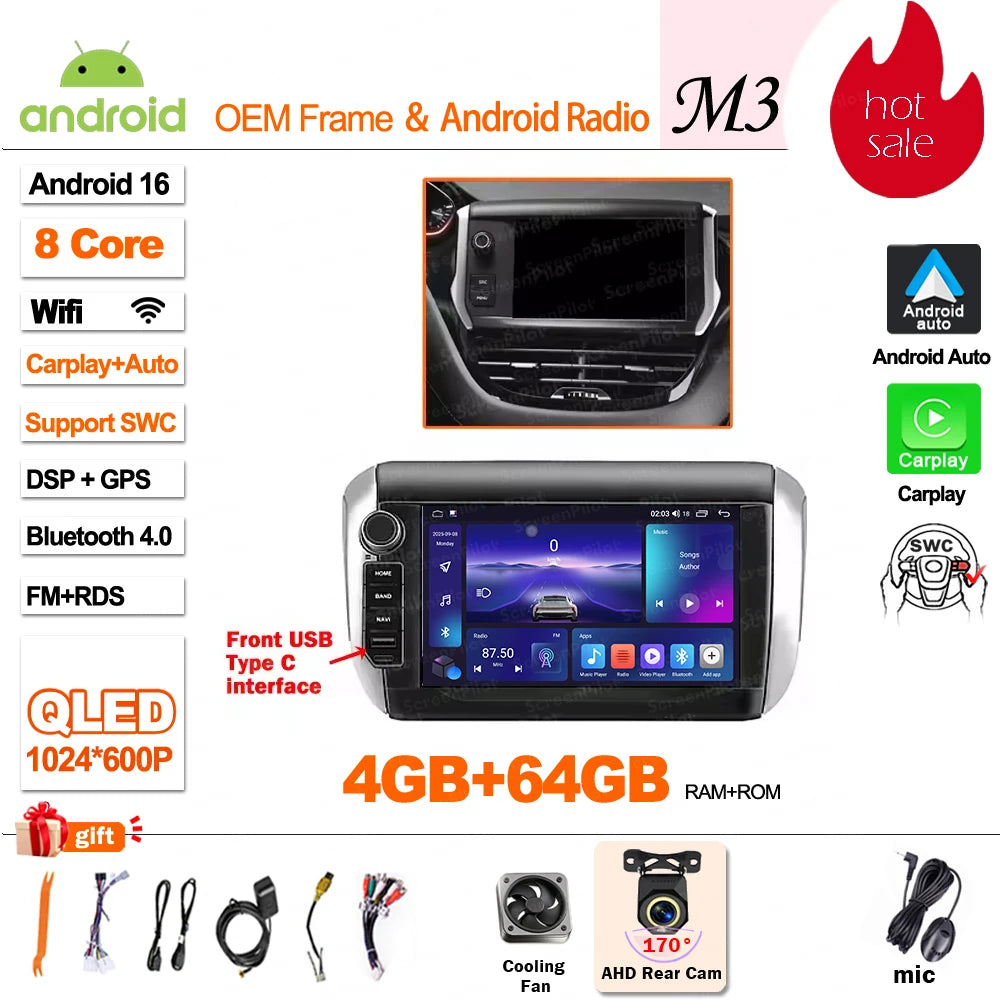 Android-autoradio met draadloze CarPlay voor Peugeot 208 / 2008 (2014–2018)