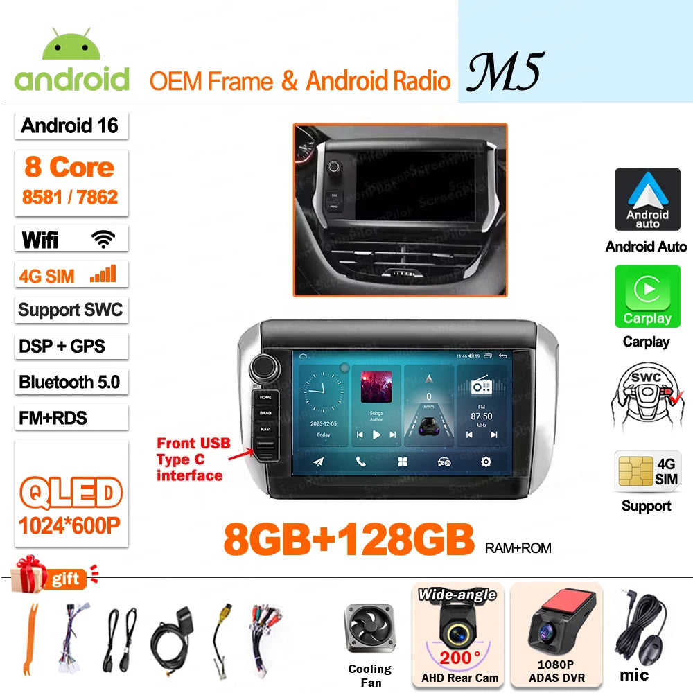 Android-autoradio met draadloze CarPlay voor Peugeot 208 / 2008 (2014–2018)
